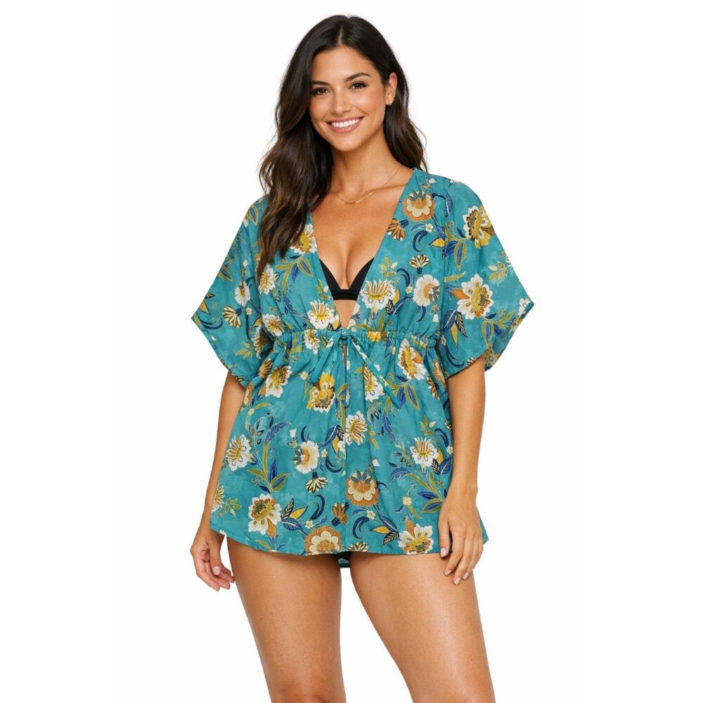 Kontrol Kimono Swimwear Cover Up Open Front Large Green Floral Tropical